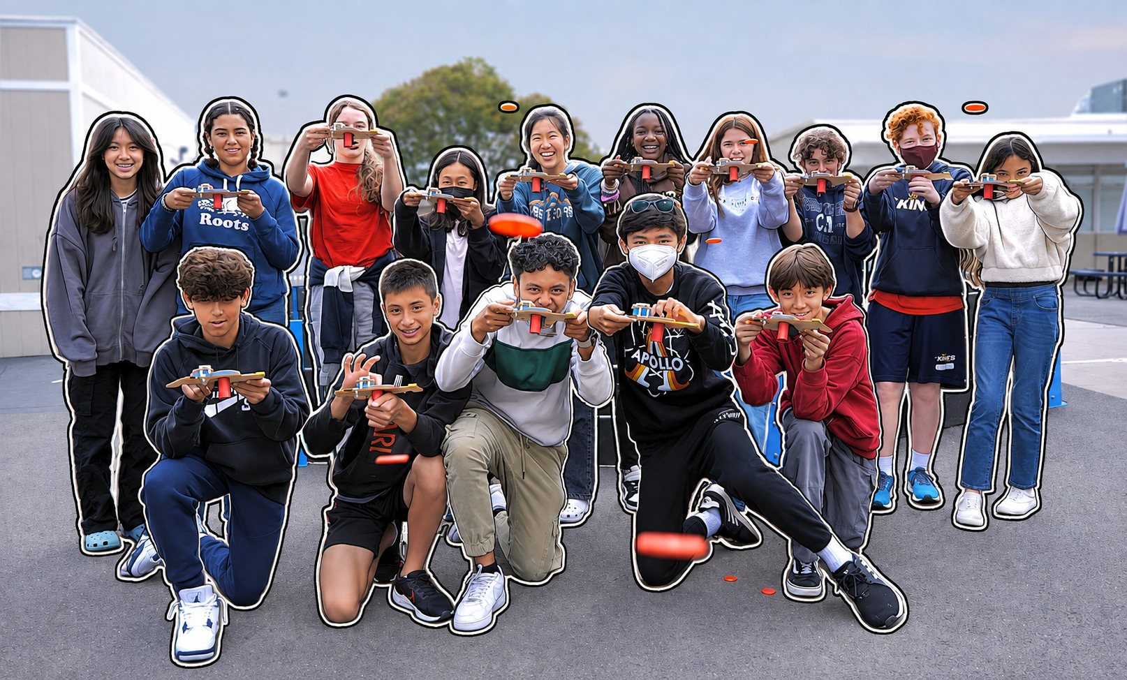 A group of students holding engineering builds they made together